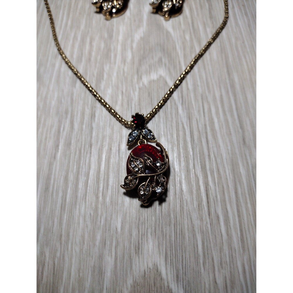 Necklace & Earrings Set - Dark Ruby Like Red & Diamond like Accents - Picture 5 of 7